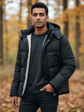 Abercrombie & Fitch Black Hooded Puffer Jacket with Sherpa Trim